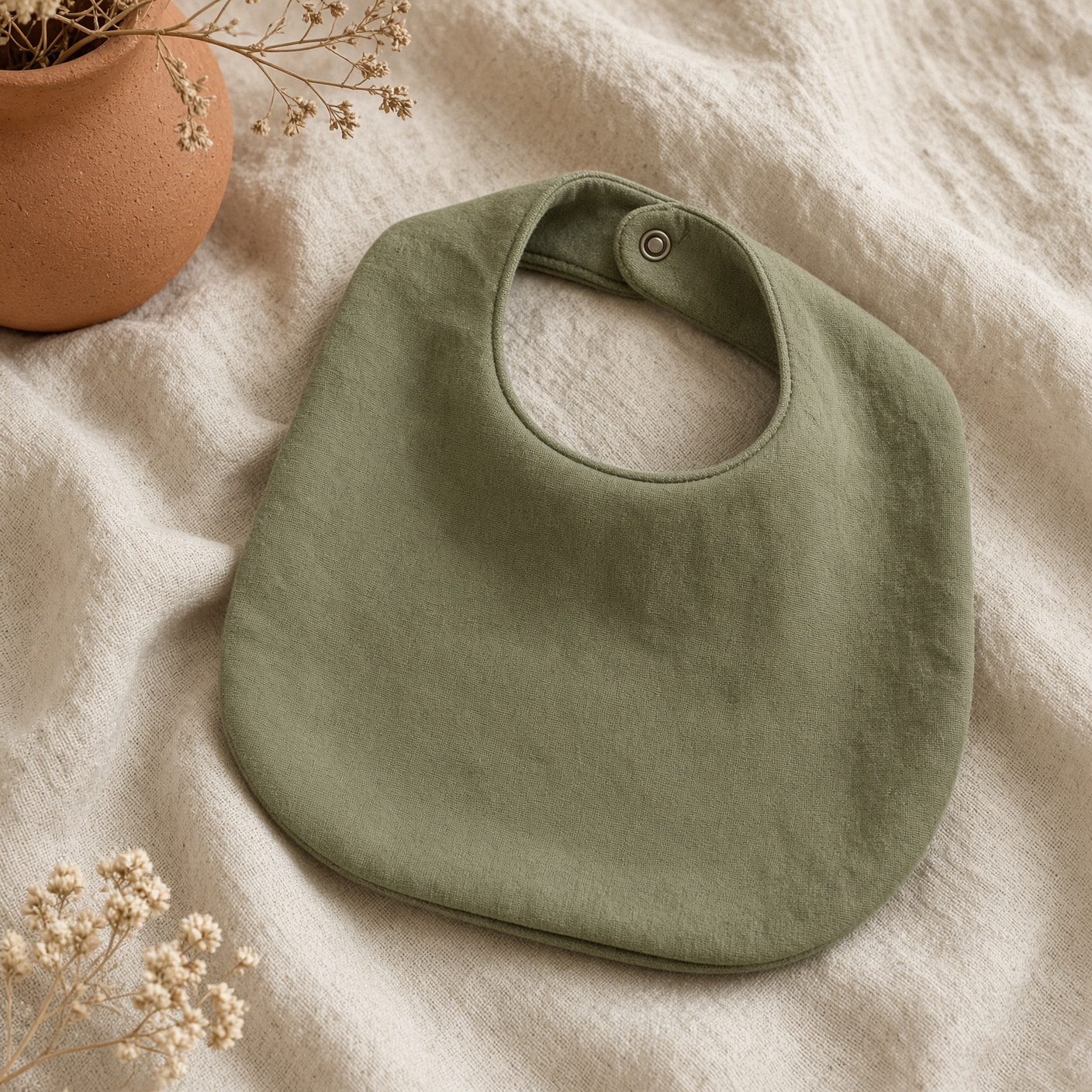 Olive Cotton Snap Bib